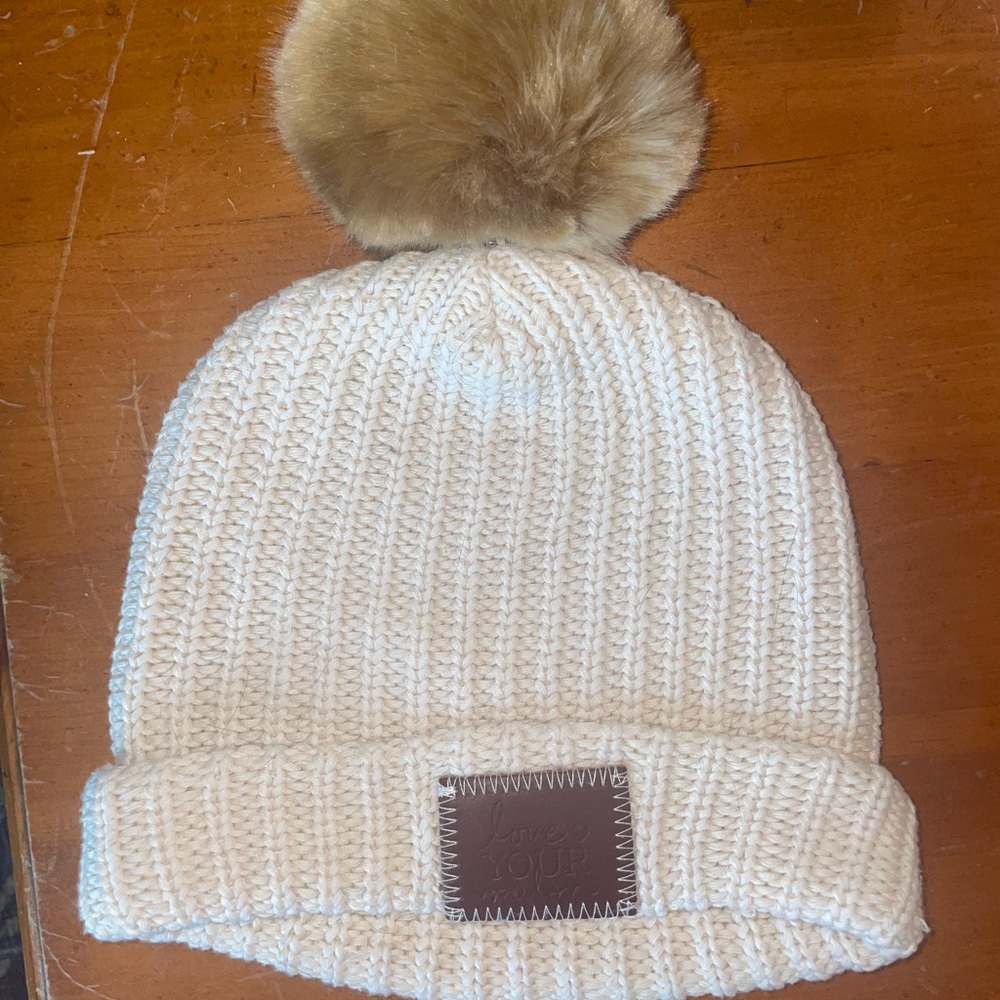 Worn Love Your Melon Cream Colored Winter Hat with Puff Ball